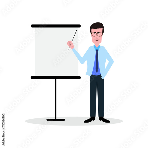 Businessman giving presentation with whiteboard vector illustration