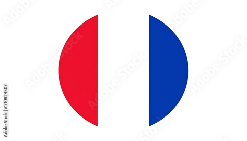 A circular graphic design, divided into two halves, one red and the other blue, with clean lines and simple shapes.