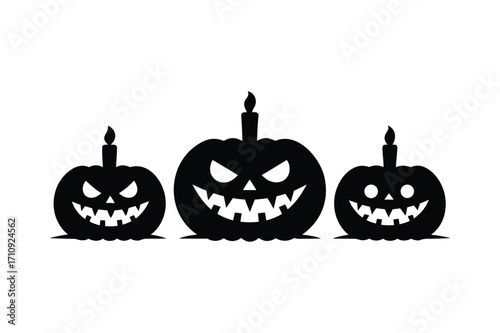 Creepy jack o’ lantern pumpkin silhouettes lined up, glowing candle light inside, scary Halloween design