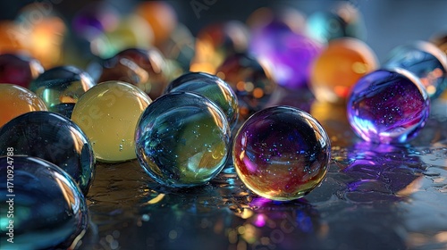 Photorealistic image of colored glass marbles in liquid with a glowing backlight