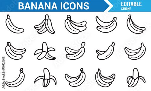 Editable stroke banana icons including peeled bananas, ripe bunches, and tropical fruit for healthy eating design