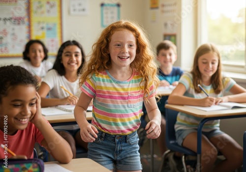 Diverse Elementary School Classroom Cheerful kids, children, and youth as students learning and studying an academic lesson together.