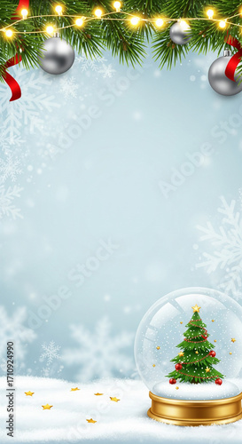 Enchanting Winter Holiday Scene with Sparkling Decorations, Evergreen Branches, and a Miniature Christmas Tree in a Snow Globe on a Snowy Background Perfect for Festive Greetings