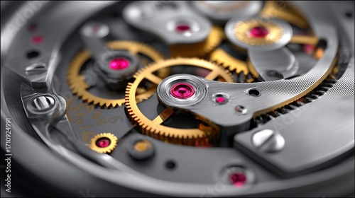 Close view of intricate watch mechanism with golden gears and pink jewels showcasing fine craftsmanship