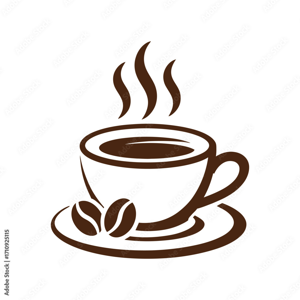 Obraz premium Aromatic Coffee Cup Icon: Steaming Beverage with Coffee Beans for Cafe and Restaurant Branding