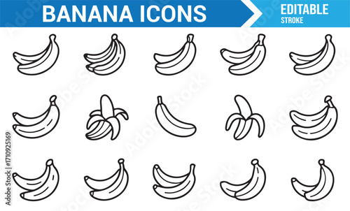 Vector banana icon set in editable stroke style for fresh produce, diet, organic food, and tropical fruit projects