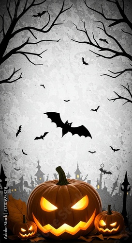 Spooky Halloween Night Jack-o'-lanterns, Bats, and a Haunted Village