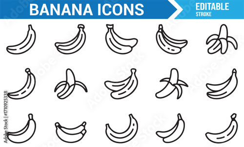 Collection of banana outline icons including peeled, raw, ripe, and clustered fruit for food and agriculture design