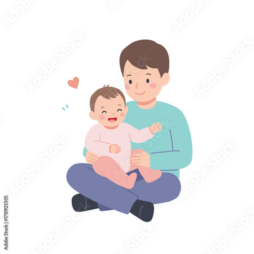 Baby sitting in older sibling’s lap in flat vector illustration with warm pastel colors and modern family theme, minimal shapes on white background