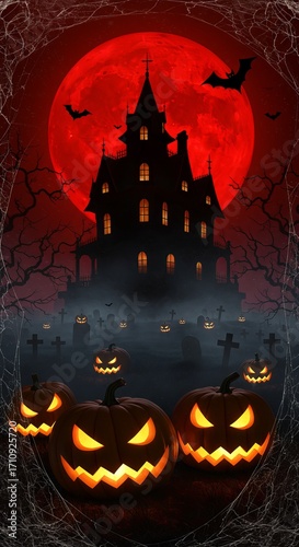 A spooky Halloween night unfolds with a haunted mansion silhouette, a blood-red moon, and grinning jack-o'-lanterns casting an eerie glow over a misty graveyard