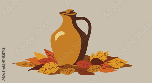 Apple cider jug on fallen leaves in minimalist digital art illustration with flat colors, clean lines and warm autumn hues on light background
