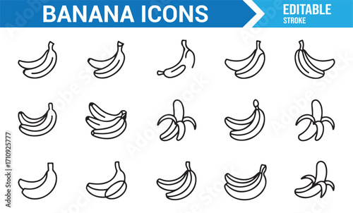 Banana fruit icon collection in editable stroke style including bunches, peeled bananas, and tropical fruit symbols