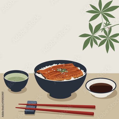 Unagi don (grilled eel rice bowl) in Japanese minimal style, soft color blocks, harmonious asymmetry, negative space