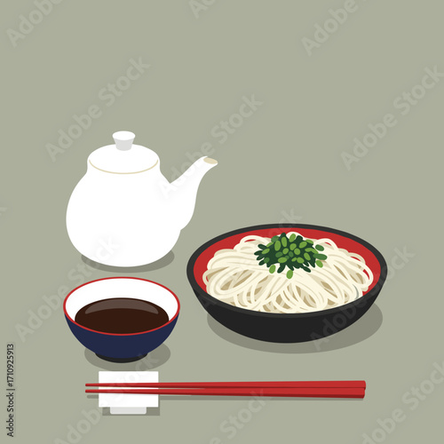 Somen noodles with dipping sauce in clean Japanese minimal vector illustration with soft color blocks, harmonious asymmetry and negative space