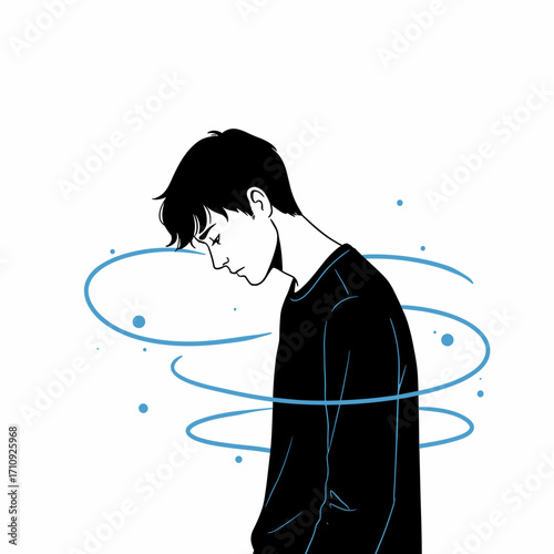 Young man standing alone in minimalist black and white vector illustration with contemplative mood, cool blue silhouette symbolizing loneliness on white background