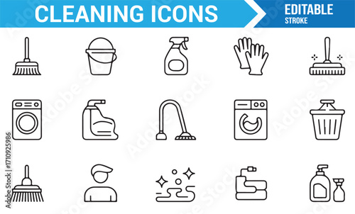 Pack of cleaning outline icons for hygiene, sanitation, janitorial, and household design vector illustrations
