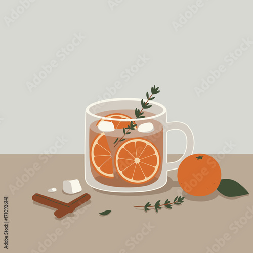 Mug of herbal tea with orange slices and thyme in warm minimalist vector illustration with cozy Scandinavian mood, flat shapes and soft layered forms on light background