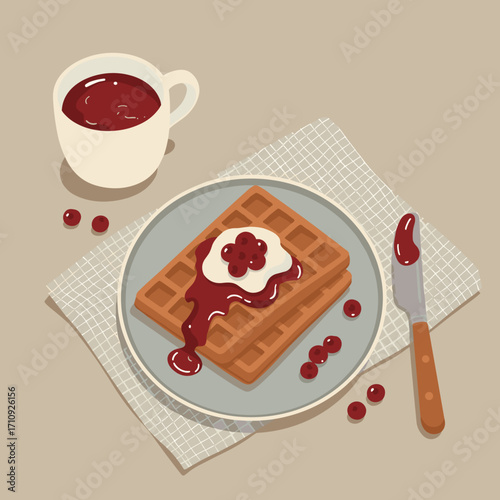 Rye waffles with lingonberry jam in warm minimalist vector illustration with cozy Scandinavian mood, flat shapes and soft layered forms on light background