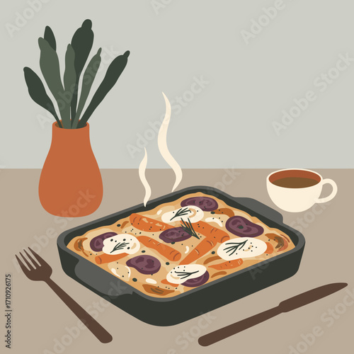 Vegetable gratin with root vegetables and cream in warm minimalist vector illustration with cozy Scandinavian mood, flat shapes and soft layered forms on light background