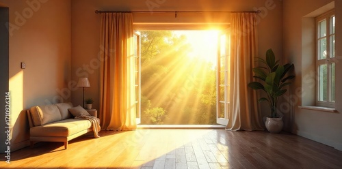 Sunlight streams through a wide open window, illuminating a bright, airy room, signifying freedom and the joy of daylight , view, home, unburdened