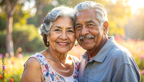 A happy senior couple smiles warmly together in a garden setting, bathed in the soft golden light of a beautiful day.