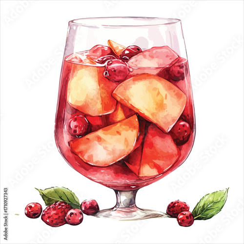 Refreshing glass of sangria with fruit and ice cubes and berries Keywords: sangria, drink, beverage, cocktail, wine