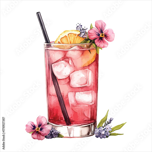 Refreshing pink cocktail with ice, orange slice, and flowers on white background drink beverage