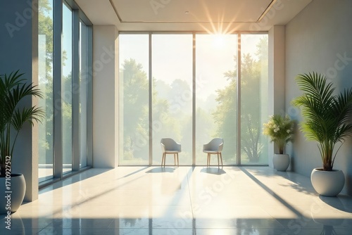Sunlight Illuminates Dust Motes Dancing in a Modern Bright Interior, Clean Lines and Floor Rays Emphasized