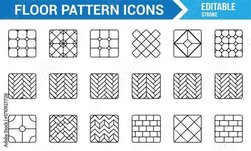 Vector outline icons of floor textures, tiles, and architectural decorative patterns for interiors