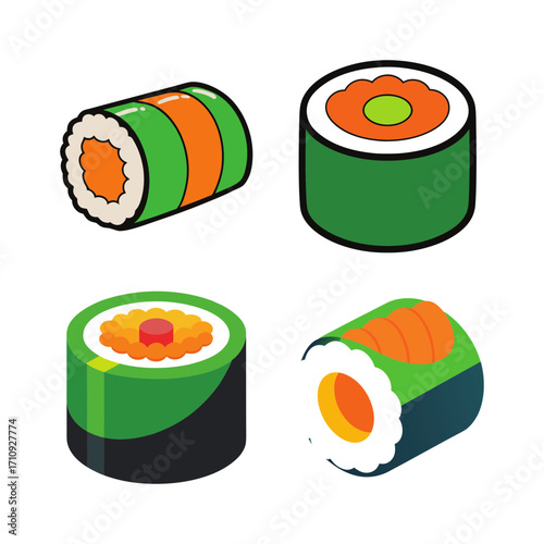 Four sushi rolls with various toppings art on transparent background