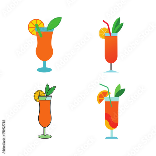 Four cocktails with orange and green leaves on transparent background