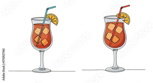 Two colorful cocktails in tall glasses with orange slices and straws