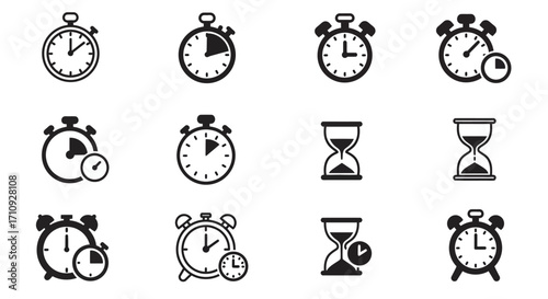 Collection of various timekeeping devices including clocks stopwatches and hourglasses