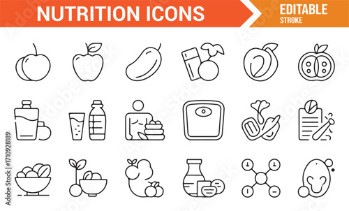 Fitness and nutrition outline icons collection including food, body, vitamins, supplements, and diet symbols