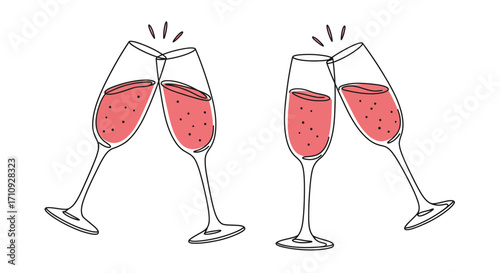Two champagne glasses clinking together in a minimalist line art style