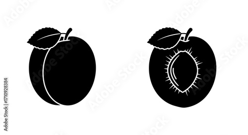 Stylized black and white illustration of a peach whole and halved