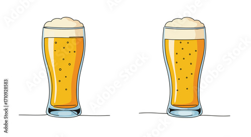 Two glasses of golden beer with foamy heads stand isolated on white