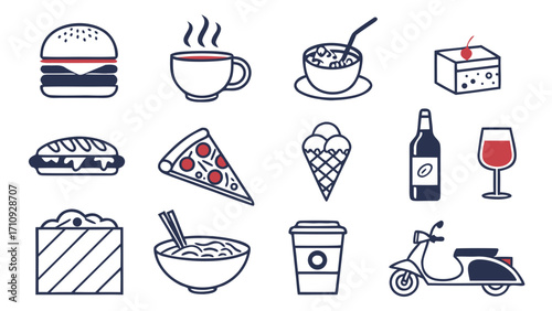 Food and drinks icon set with burger, pizza, coffee, tea, wine, beer, ice, noodles, salad, and delivery flat vectors Food and drinks icon set with burger, pizza, coffee, tea, wine, beer, ice cream,