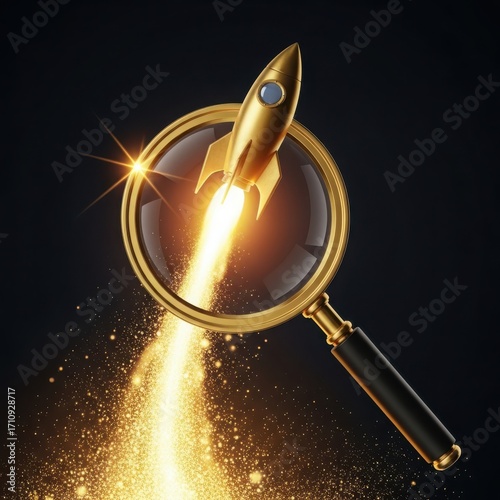 3d golden rocket launching through magnifying glass with sparks