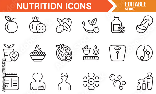Healthy food and nutrition vector icons pack including fruit, vegetables, diet, and lifestyle outline elements