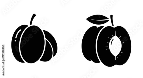 Simple illustration of a whole plum and a halved plum with a pit