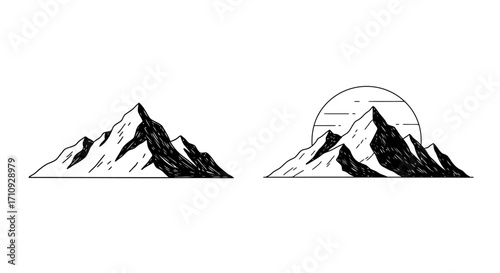 Minimalist mountain range illustration with a circular sun or moon design