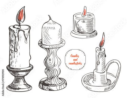 Set of hand drawn candles with candlesticks and burning flames. Vintage sketch illustration for holiday decoration, retro design, cards, and cozy atmosphere artwork.