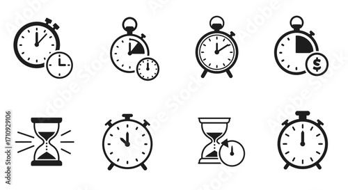 Various timekeeping devices illustrated in a simple black and white graphic