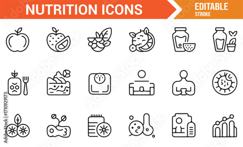 Editable stroke nutrition icons set with fruits, diet, supplements, and fitness elements for healthy lifestyle designs