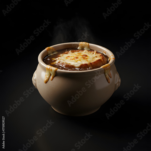 Steaming hot French onion soup with melted cheese in rustic bowl, comfort food delight