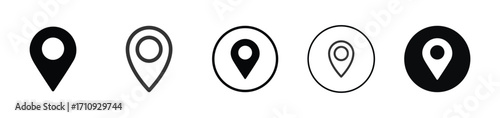 Location icon set – GPS map pin and navigation marker symbols for travel, geo position, address, and destination design in apps, maps, and user interface graphics