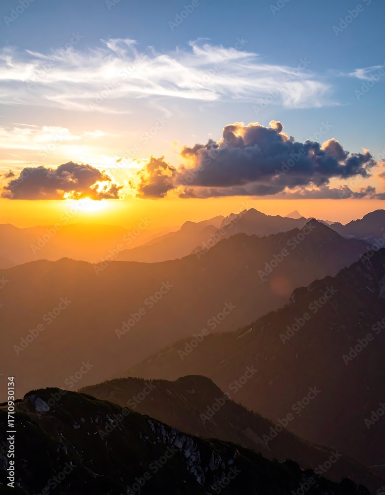 Obraz premium A breathtaking mountain vista bathed in the warm hues of a spectacular sunset.