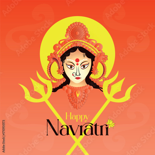 A stunning and artistic illustration of the face of Goddess Durga with ornate headgear and two tridents, celebrating the Hindu festival of Navratri against an orange background.
