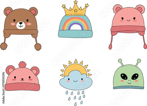 Cute cartoon baby winter hats, animal beanies, rainbow crown cap, alien hat, and weather-themed hats for kids and toddlers